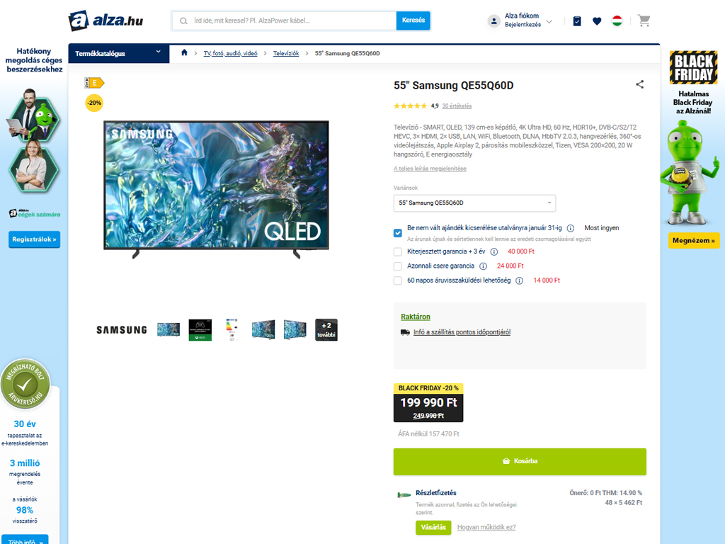 Samsung QE55Q60D 4K TV az alza black friday akciójában