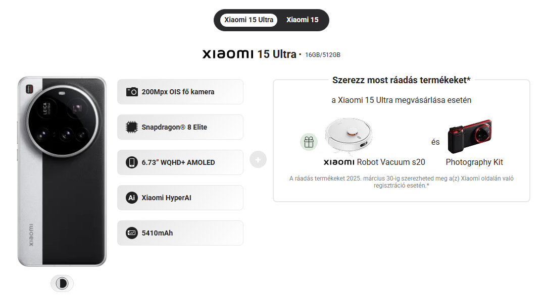 Xiaomi 15 Ultra rendelés esetén ajándék robotporszívó és Photography Kitet kapunk