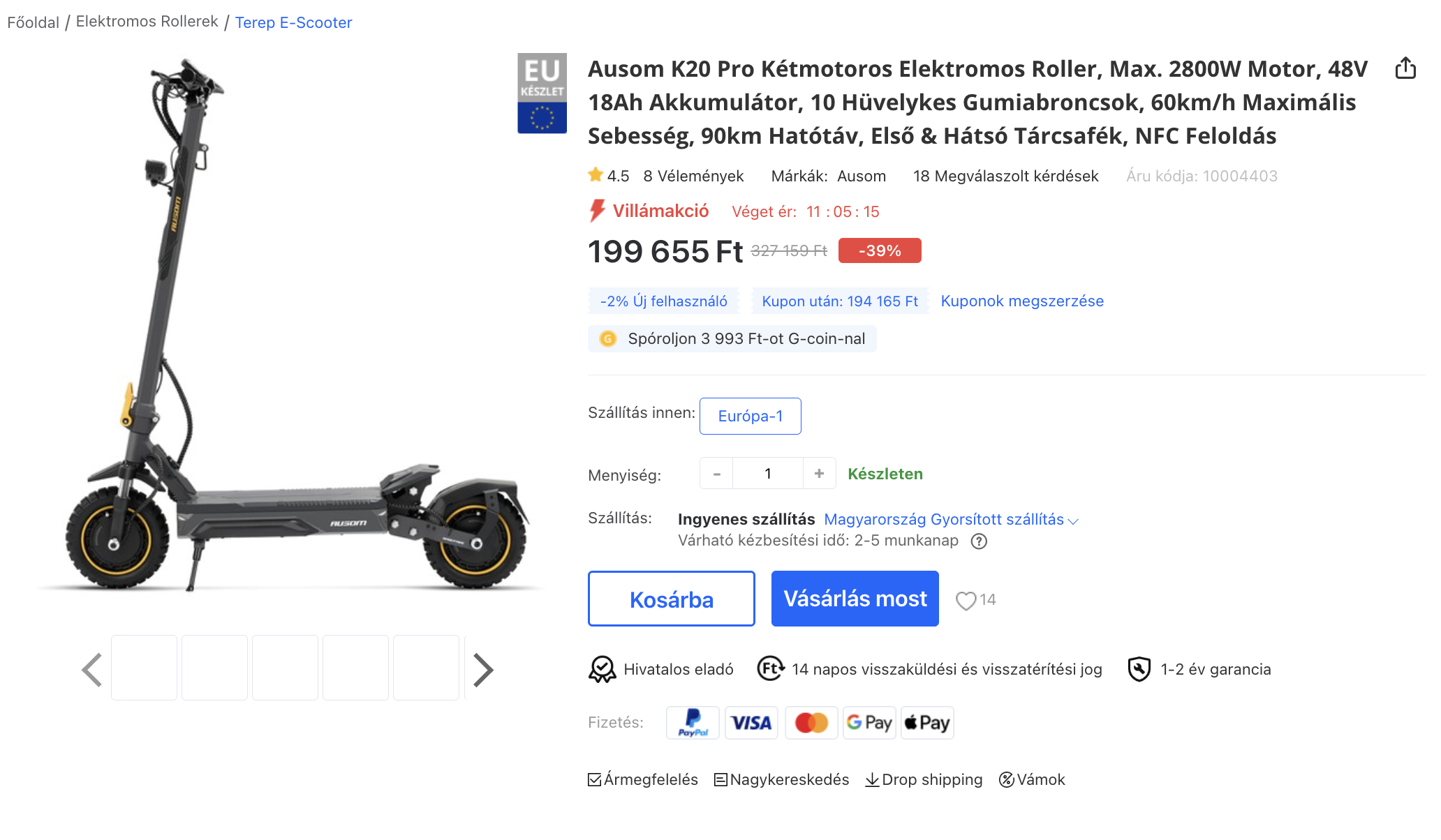 Ausom K20 Pro Dual Motor elektromos roller akció - GeekBuying